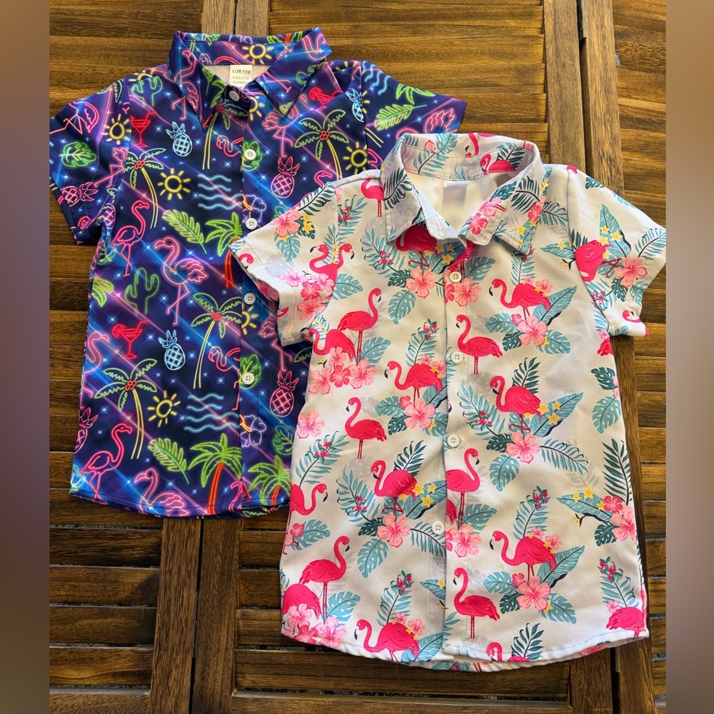 Kids Tropical Flamingo & Neon Lights Short-Sleeve Button Down Shirts - Size 5/6 - Picture 1 of 6